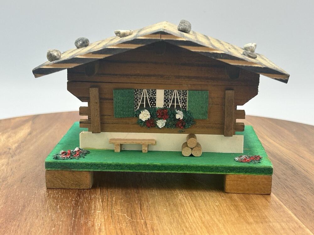 Vintage Swiss Chalet Wood Music Box Jewelry Box Gueissaz Jaccard Auf Wiedersehen